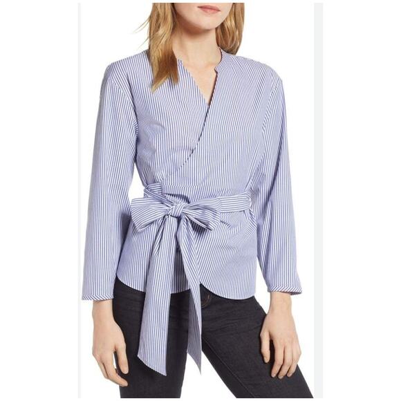 NWT J. Crew Blue White Business Stripe Cotton Wrap Blouse Office Women's Size 12 - Picture 1 of 12